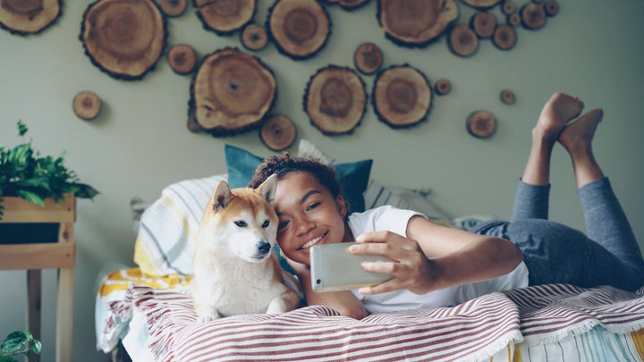 Mujer y su perro con el móvil en la cama