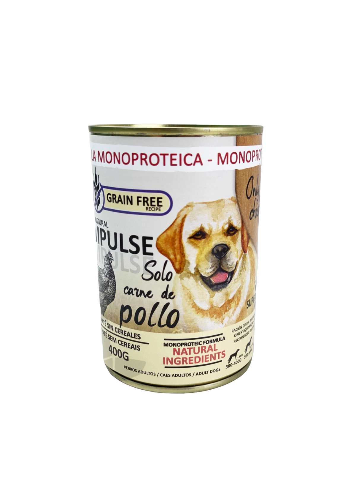 Natural Impulse wet dog food with chicken, 400 g tin