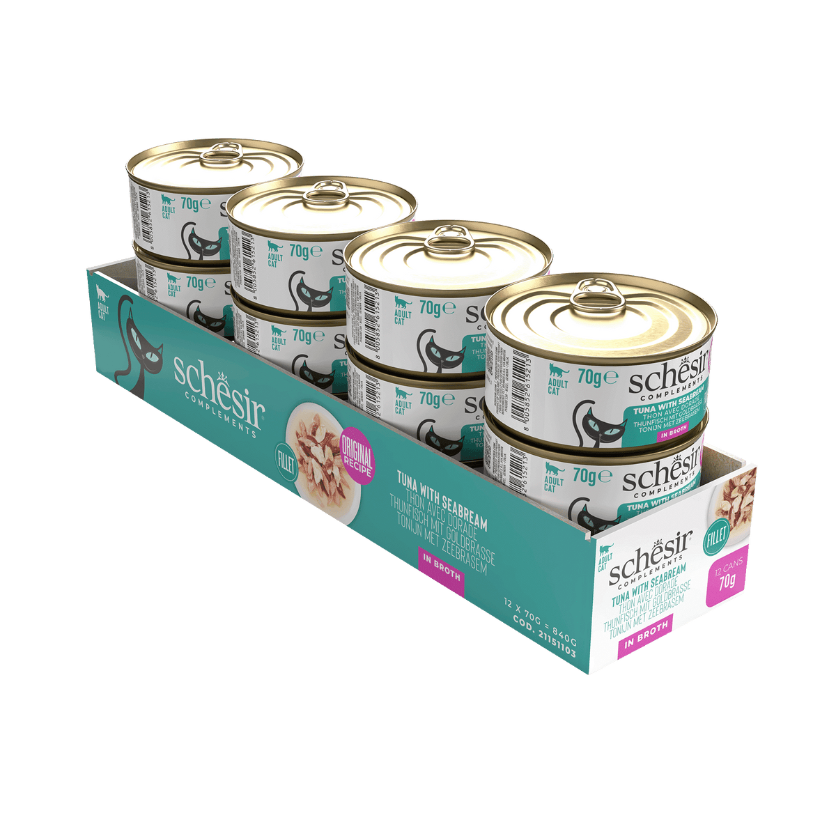 Schesir tuna with sea bream in broth wet cat food, 70 g tin – image 2