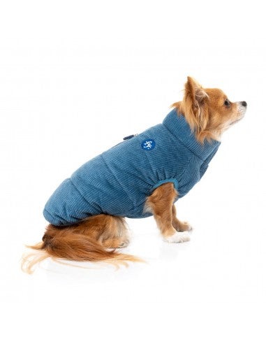 Padded dog coat FuzzYard Mosman in washed blue with corduroy collar