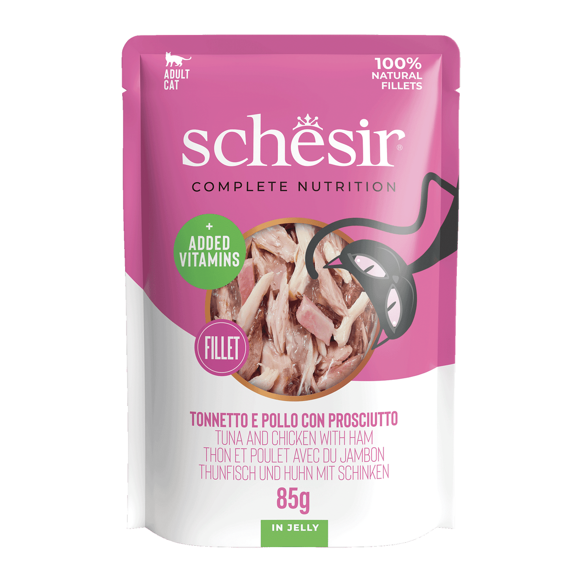 Schesir tuna with chicken and ham wet cat food, 85 g pouch