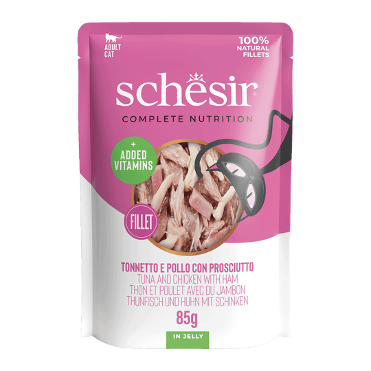 Schesir tuna with chicken and ham wet cat food, 85 g pouch