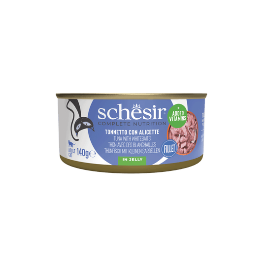 Schesir tuna and whitebait in jelly wet cat food, 140 g tin