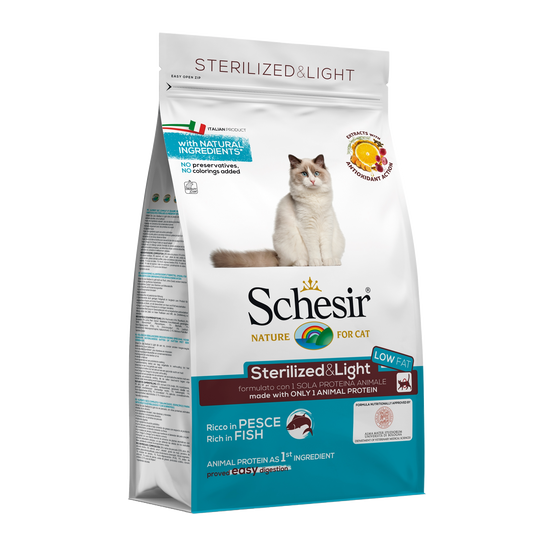Schesir Sterilised & Light fish dry cat food, 1.5 kg