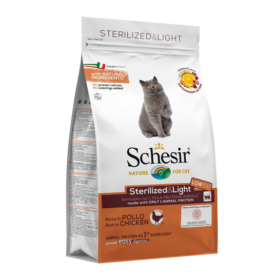 Schesir Sterilised & Light chicken dry cat food, 400 g