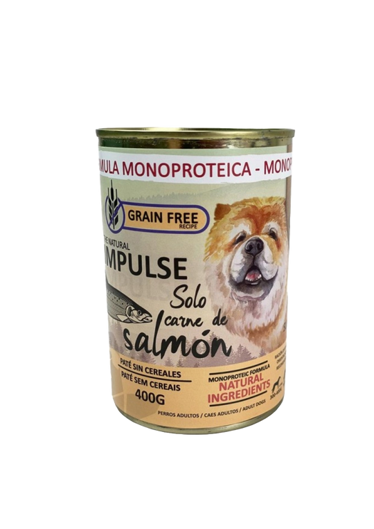 Natural Impulse wet dog food with salmon, 400 g tin