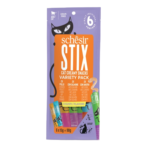 Schesir Snack Stix creamy cat treats, assorted, 6 × 15 g