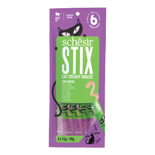Schesir Snack Stix duck creamy cat treats, 6 × 15 g