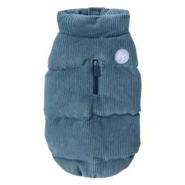 Padded dog coat FuzzYard Mosman in washed blue with corduroy collar