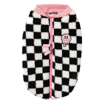 FuzzYard Ollie Pink Check Sherpa Dog Coat