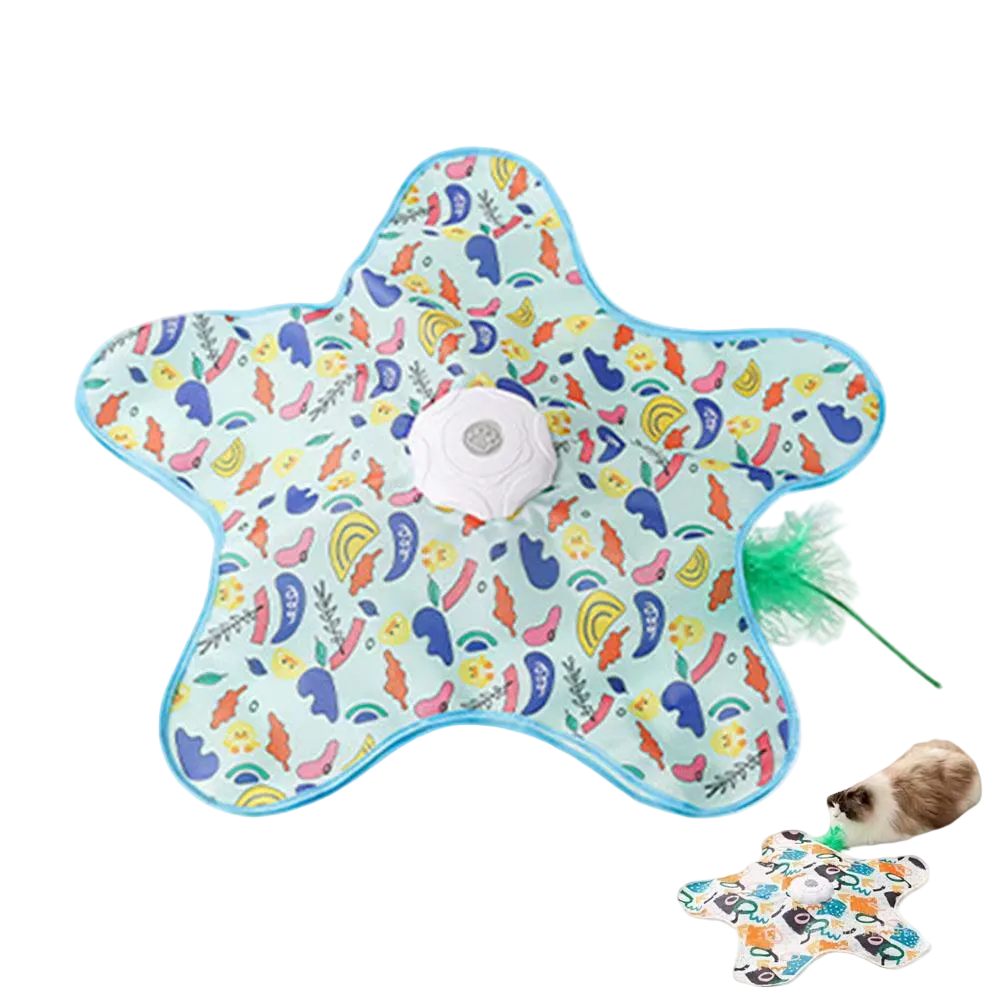 Alfombra de juego con pluma escondida y sonido para gatos, azul con dibujos - ZONLIDOOG