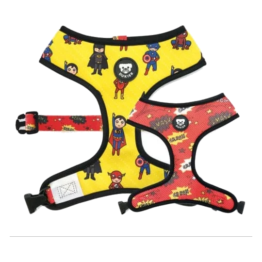 Dukier Superheroes reversible dog harness, red and yellow, sizes T1 to T4