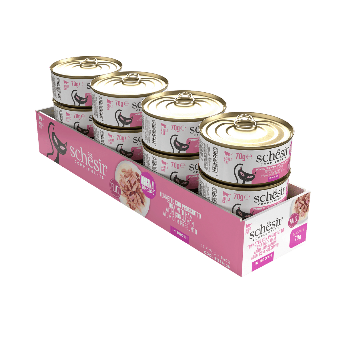 Schesir tuna with ham in broth wet cat food, 70 g tin – image 2