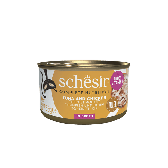 Schesir tuna and chicken fillets in broth wet cat food, 85 g tin