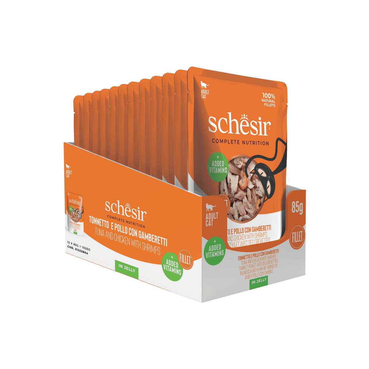 Schesir tuna with chicken and prawns wet cat food, 85 g pouch – image 3