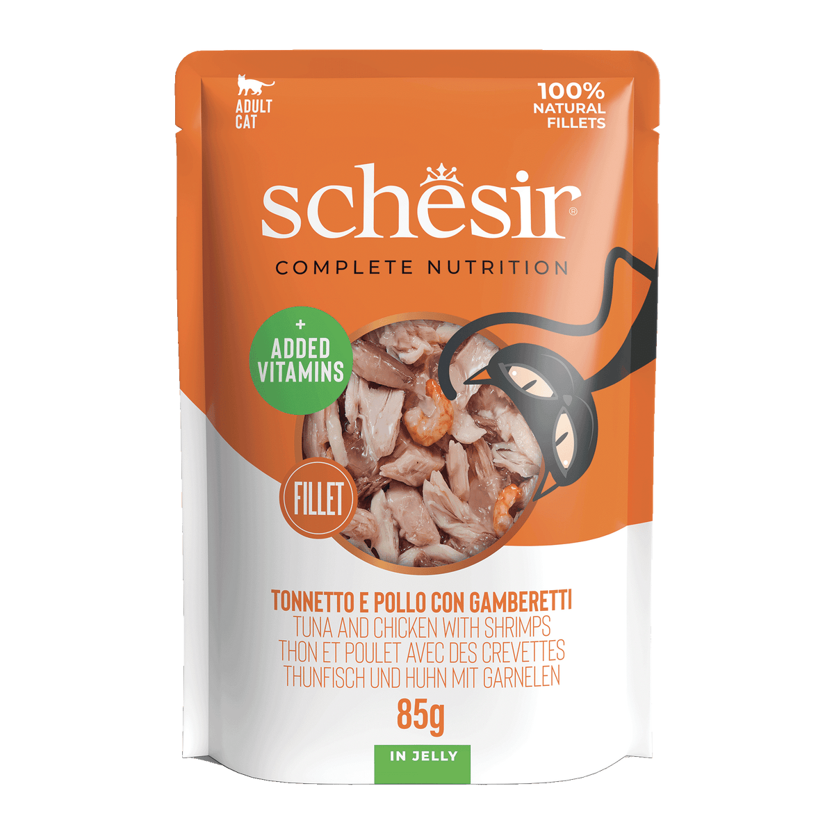 Schesir tuna with chicken and prawns wet cat food, 85 g pouch