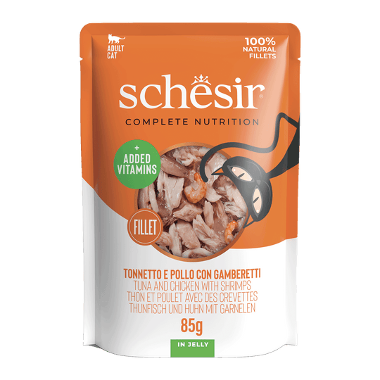 Schesir tuna with chicken and prawns wet cat food, 85 g pouch