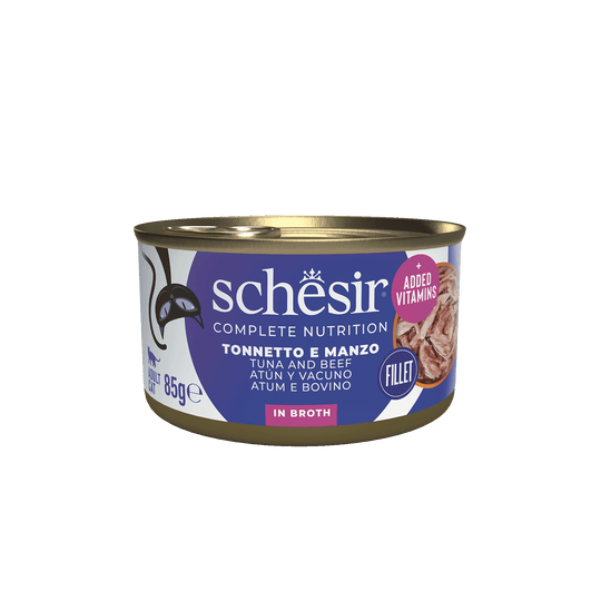 Schesir tuna and beef fillets with rice in natural juice wet cat food, 85 g tin