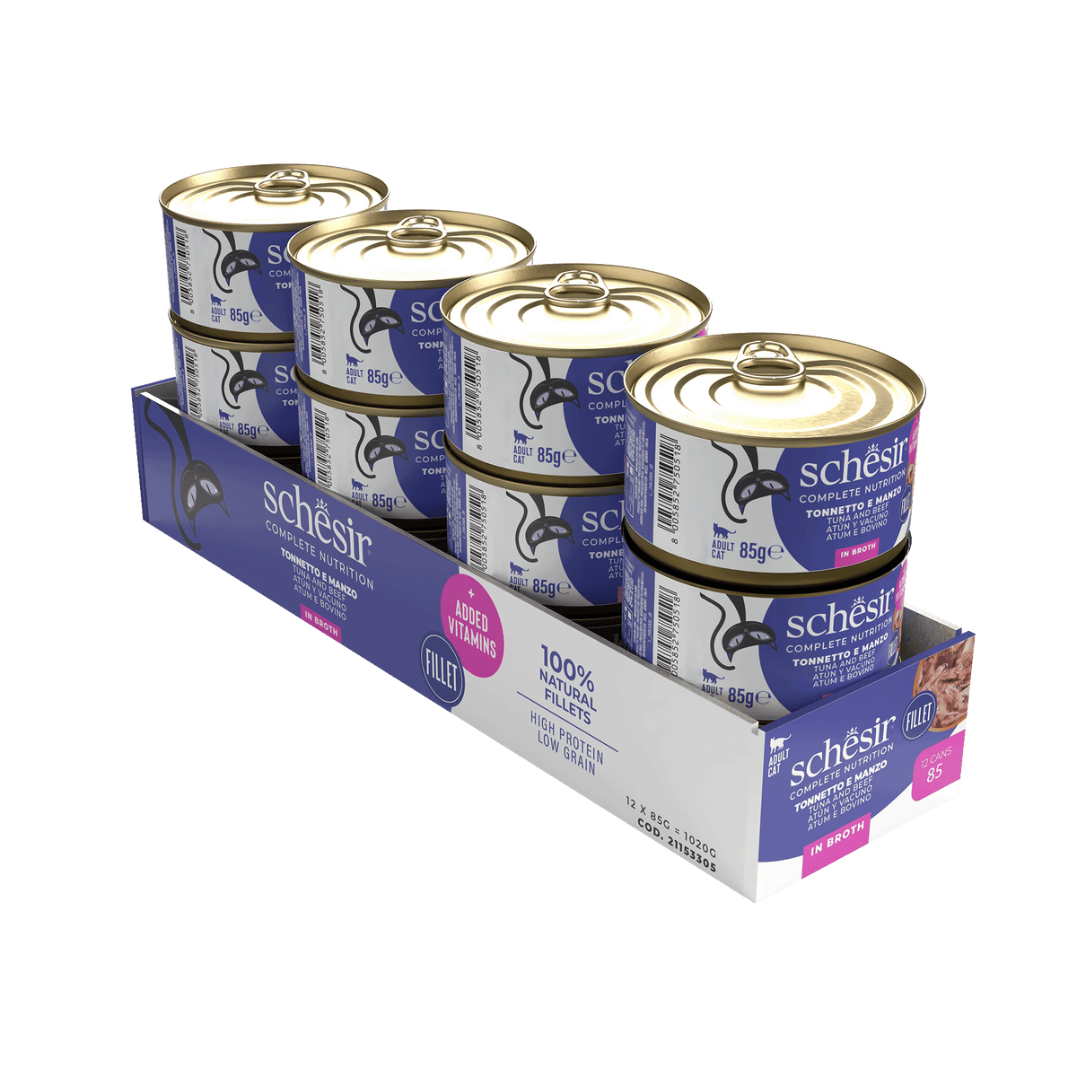 Schesir tuna and beef fillets with rice in natural juice wet cat food, 85 g tin – image 2