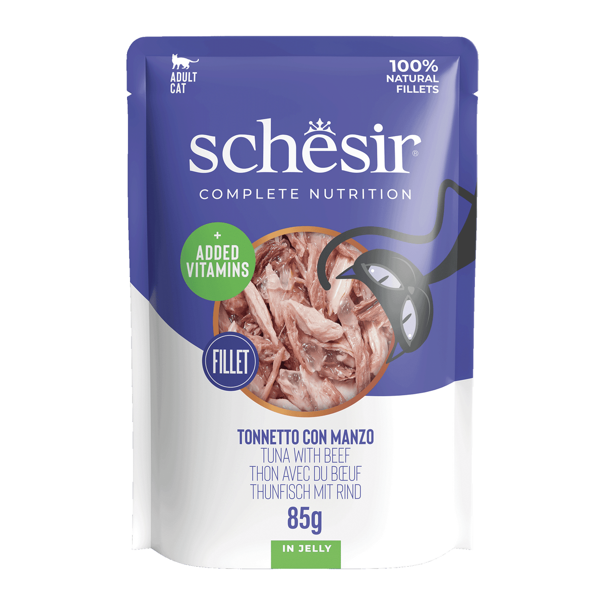Schesir tuna with beef wet cat food, 85 g pouch