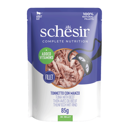 Schesir tuna with beef wet cat food, 85 g pouch