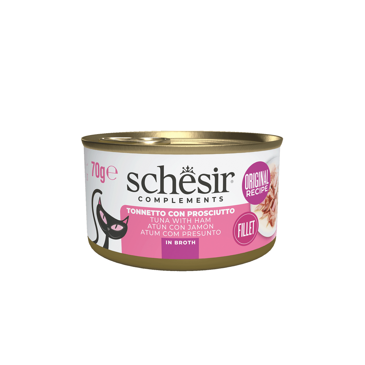 Schesir tuna with ham in broth wet cat food, 70 g tin