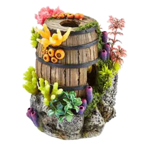 Barrel with plants and coral aquarium ornament