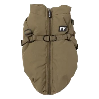 FuzzYard Flash dog jacket with built-in harness in khaki
