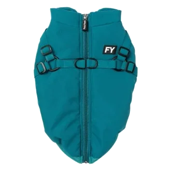 FuzzYard Flash dog jacket with built-in harness in teal