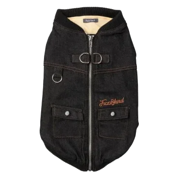 Denim dog jacket with built-in harness FuzzYard Kojima in black