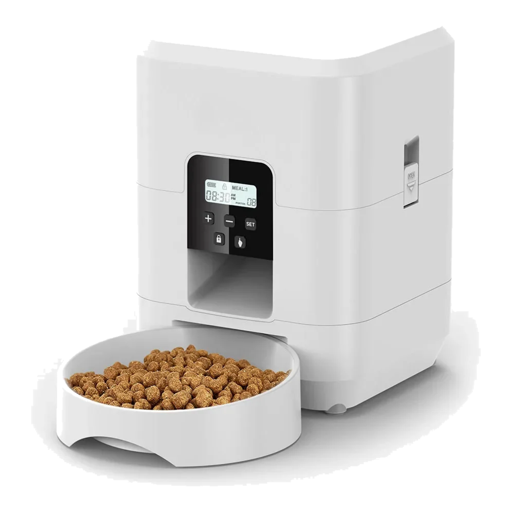 White automatic cat feeder with buttons and display