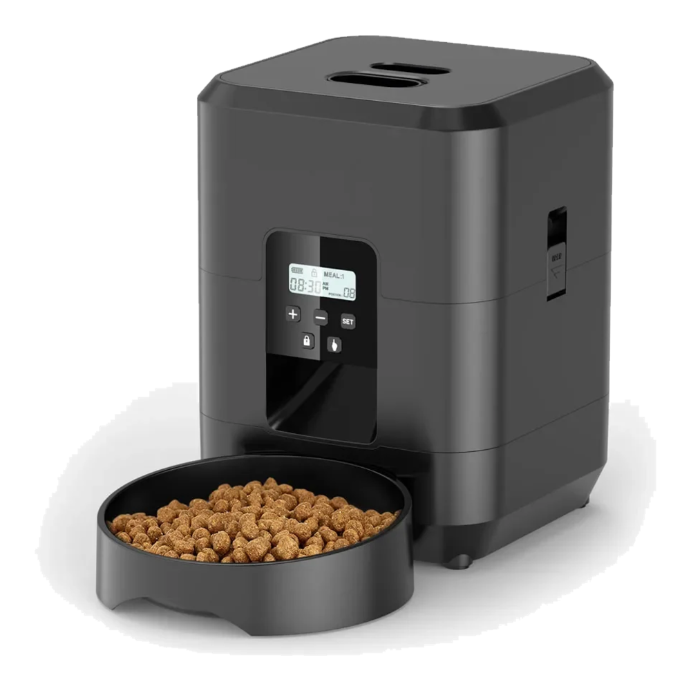 Black automatic cat feeder with buttons and display