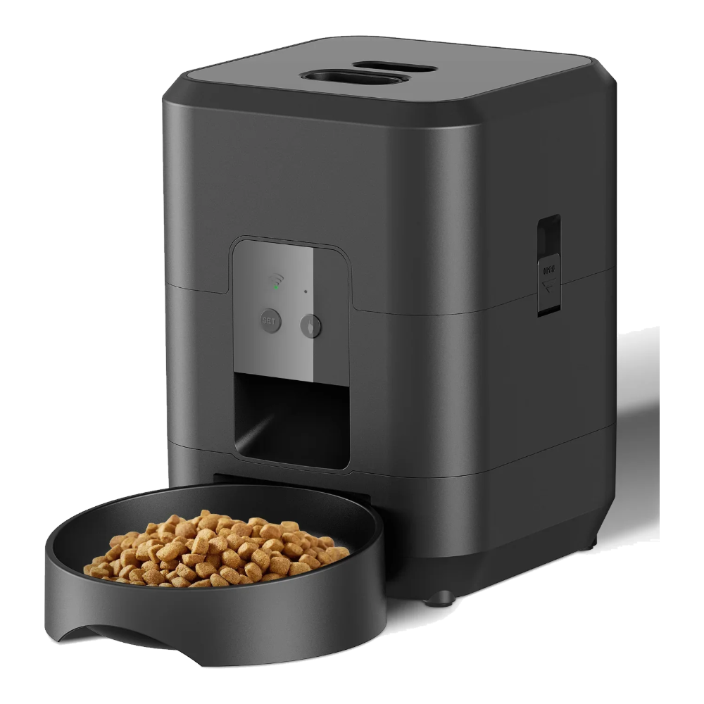 Black automatic cat feeder with WiFi and timer