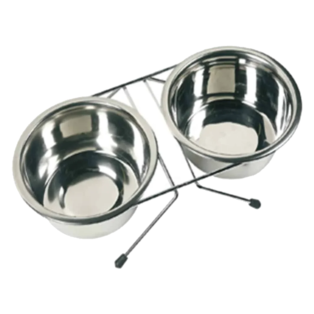 Double dog feeder with stand and metal bowls, small, medium and large