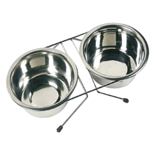 Double dog feeder with stand and metal bowls, small, medium and large