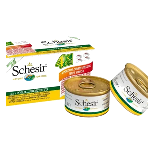 Schesir chicken and ham wet adult dog food, 4 × 85 g