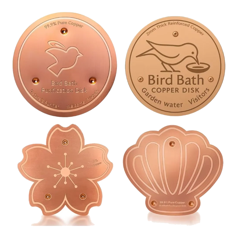 Copper bird bath discs in four shapes: round, flower and shell