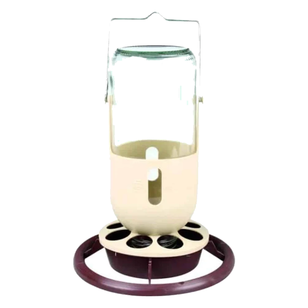 Fauna burgundy and beige automatic bird feeder and drinker with perch