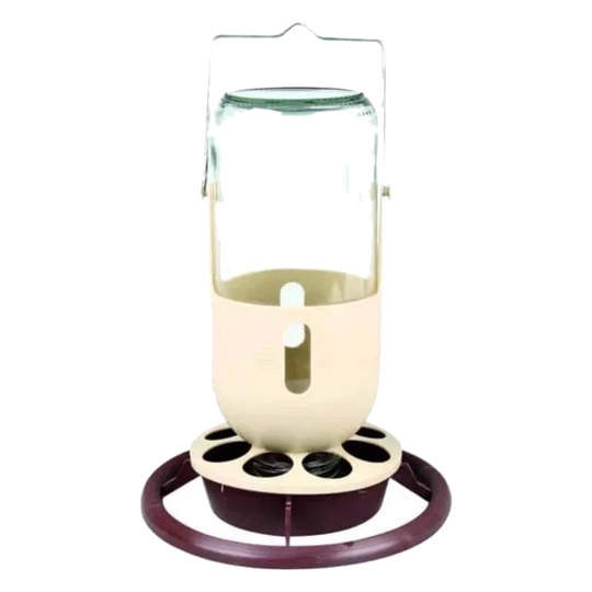 Fauna burgundy and beige automatic bird feeder and drinker with perch