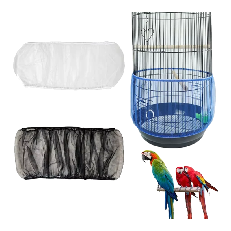 Mesh cage skirt for parrot cage in white and black fitted on the cage