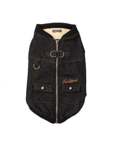 Denim dog jacket with built-in harness FuzzYard Kojima in black