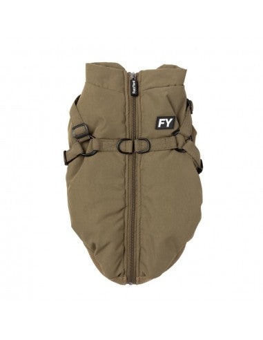 FuzzYard Flash dog jacket with built-in harness in khaki