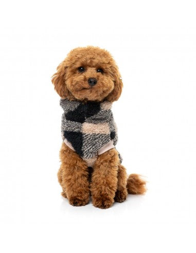 FuzzYard Checkered Teddy teddy fleece dog jumper in black and beige