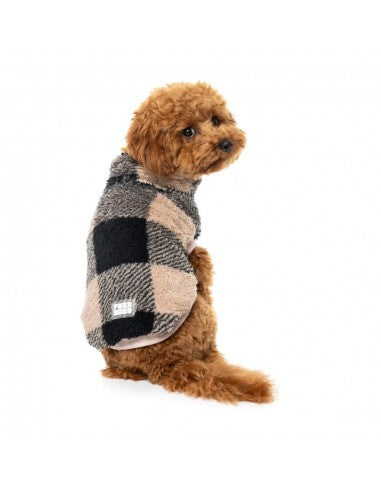 FuzzYard Checkered Teddy teddy fleece dog jumper in black and beige
