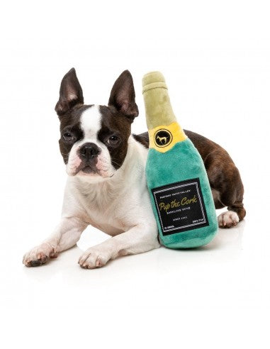 FuzzYard Pup The Cork bottle plush dog toy with squeaker