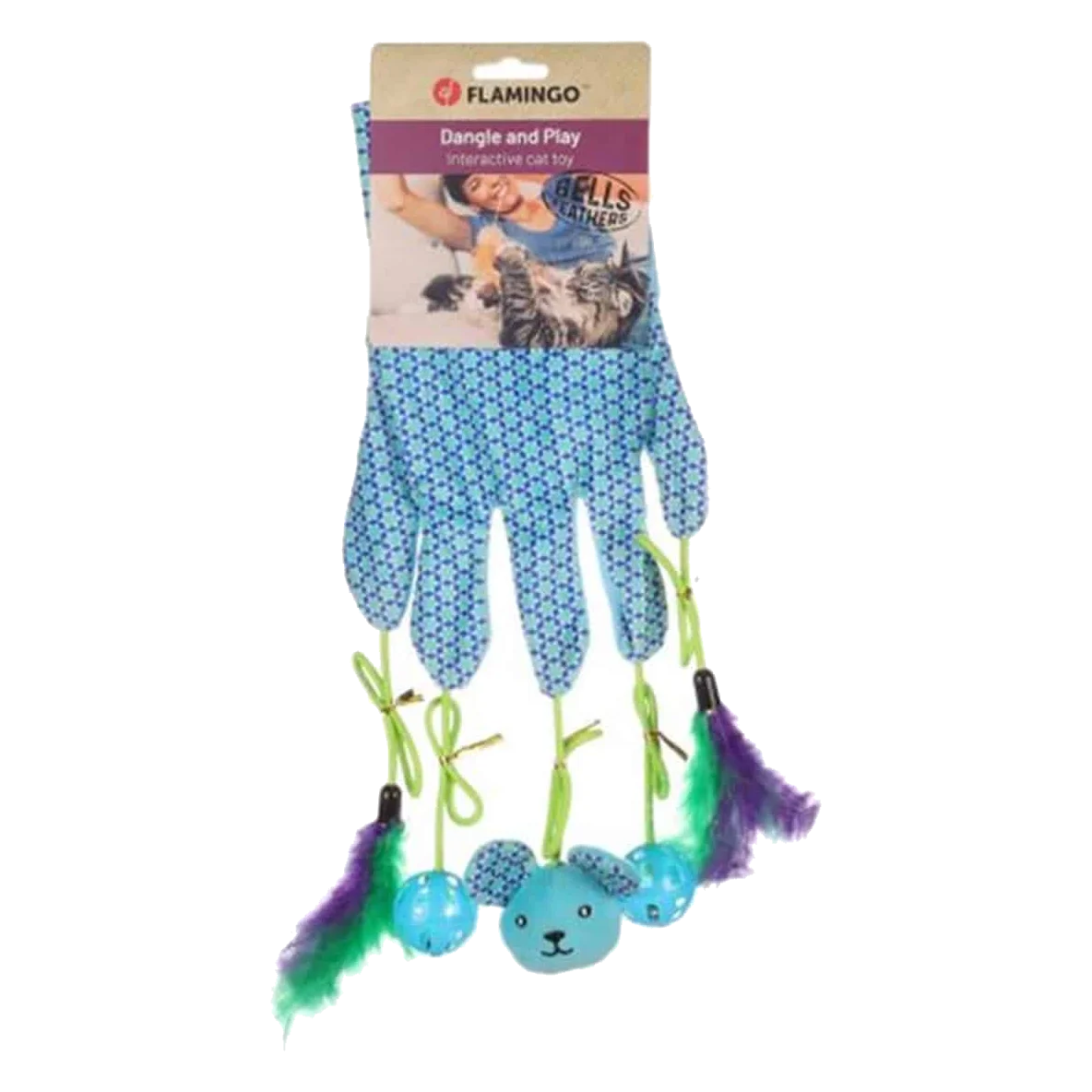 Glove toy with feathers and rattle for cats