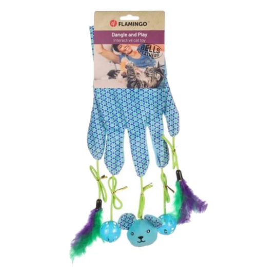 Glove toy with feathers and rattle for cats