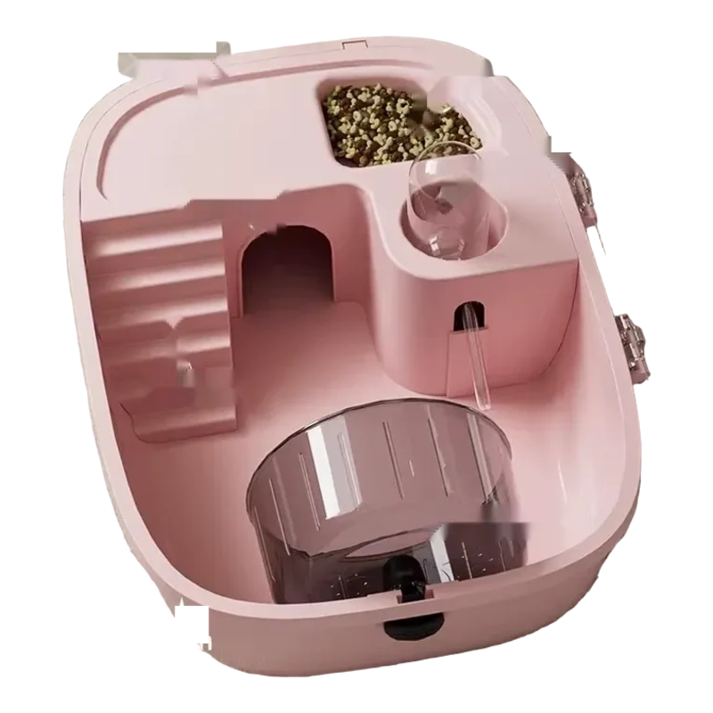 Pink compact hamster cage with hide, feeding area, water bottle, ladder and wheel