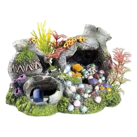 Jugs and plants on rocks aquarium ornament