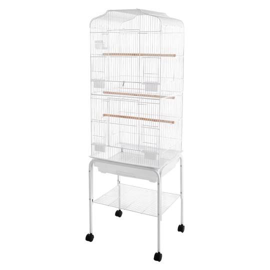 Jaula alta blanca con pie y ruedas de 137 cm para ninfas
